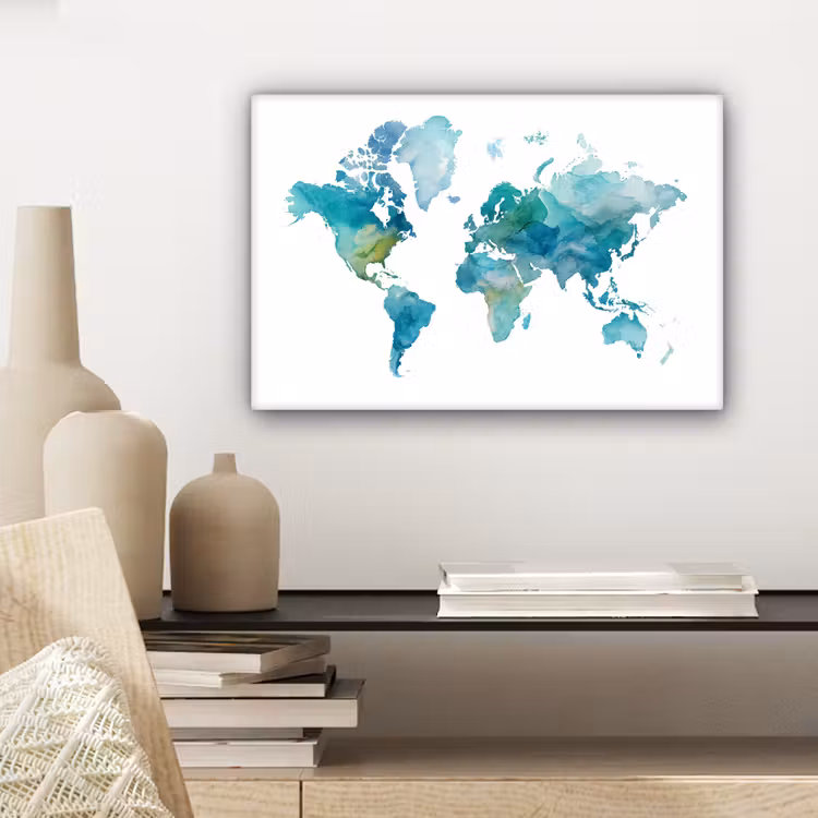 Wereldkaart - Blauw - Geschilderd - Transparant canvas 2cm klein -sfeer6