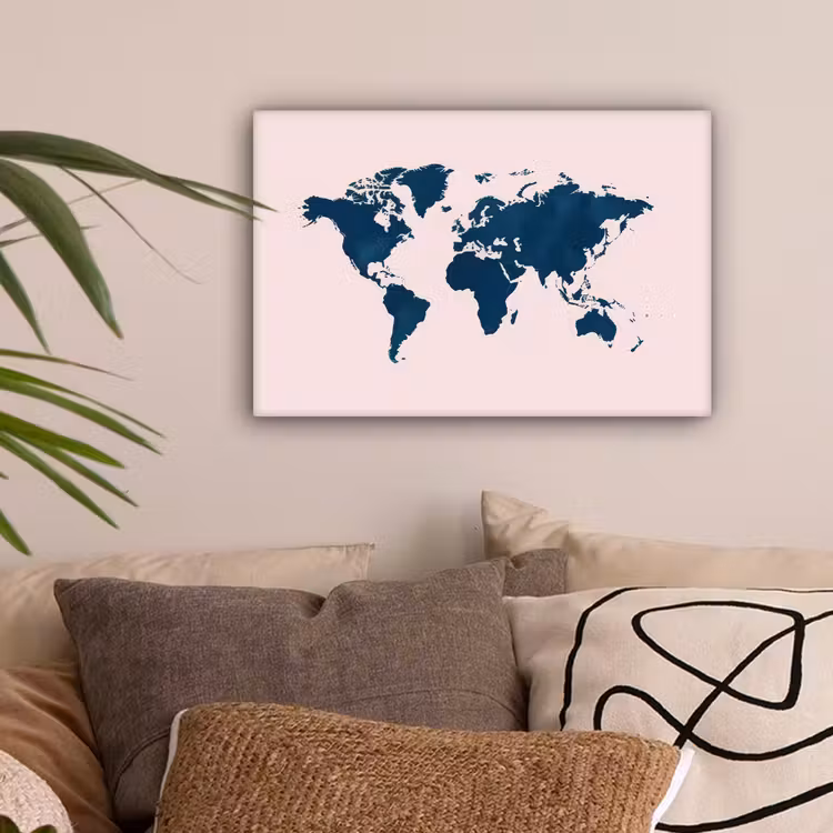 Wereldkaart - Blauw - Roze canvas 2cm klein -sfeer1