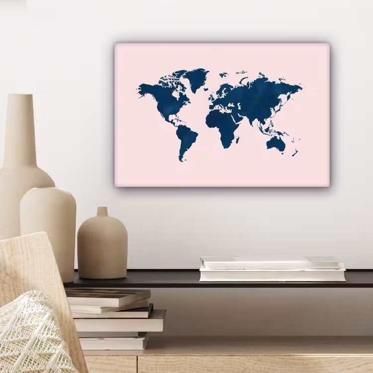 Wereldkaart - Blauw - Roze canvas 2cm klein -sfeer6