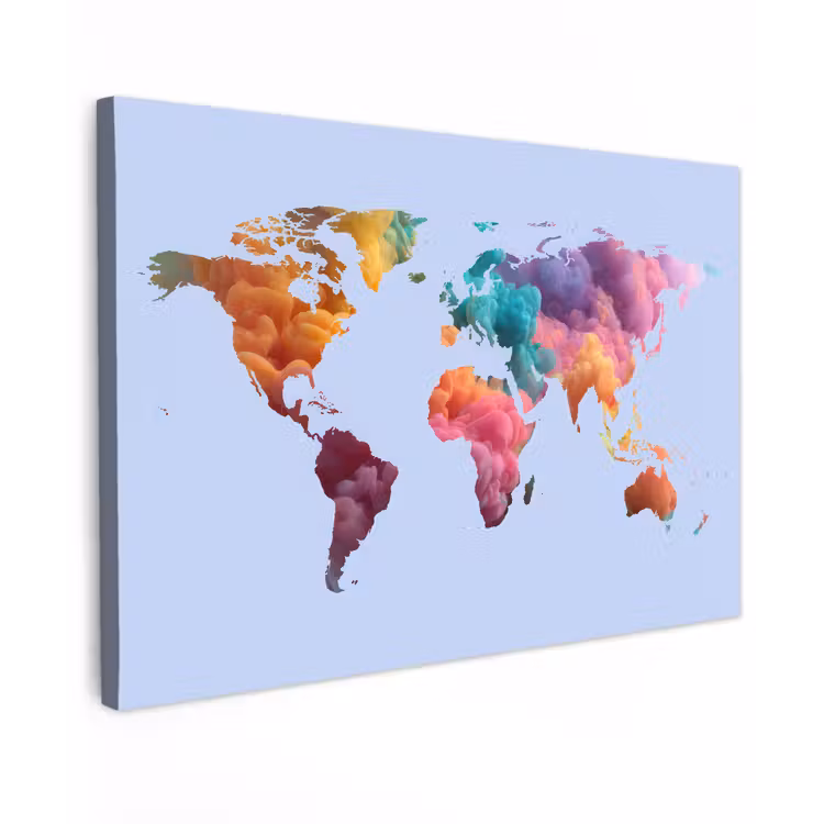 Wereldkaart - Blauw - Inkt - Kleurrijk canvas 2cm klein -z3d