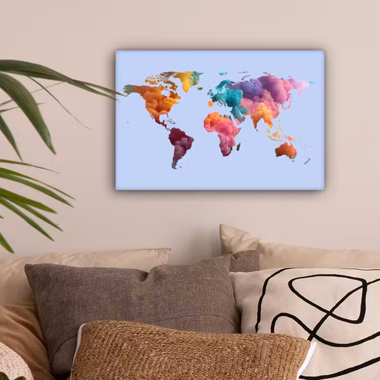 Wereldkaart - Blauw - Inkt - Kleurrijk canvas 2cm klein -sfeer1