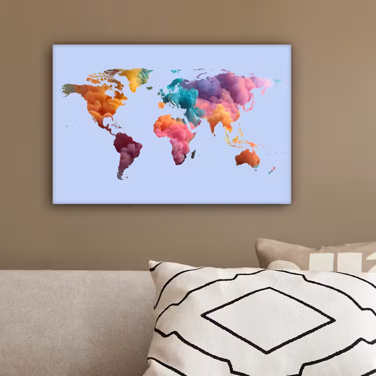 Wereldkaart - Blauw - Inkt - Kleurrijk canvas 2cm klein -sfeer3