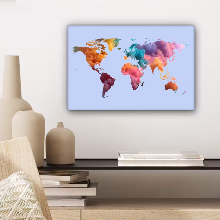 Wereldkaart - Blauw - Inkt - Kleurrijk canvas 2cm klein -sfeer6