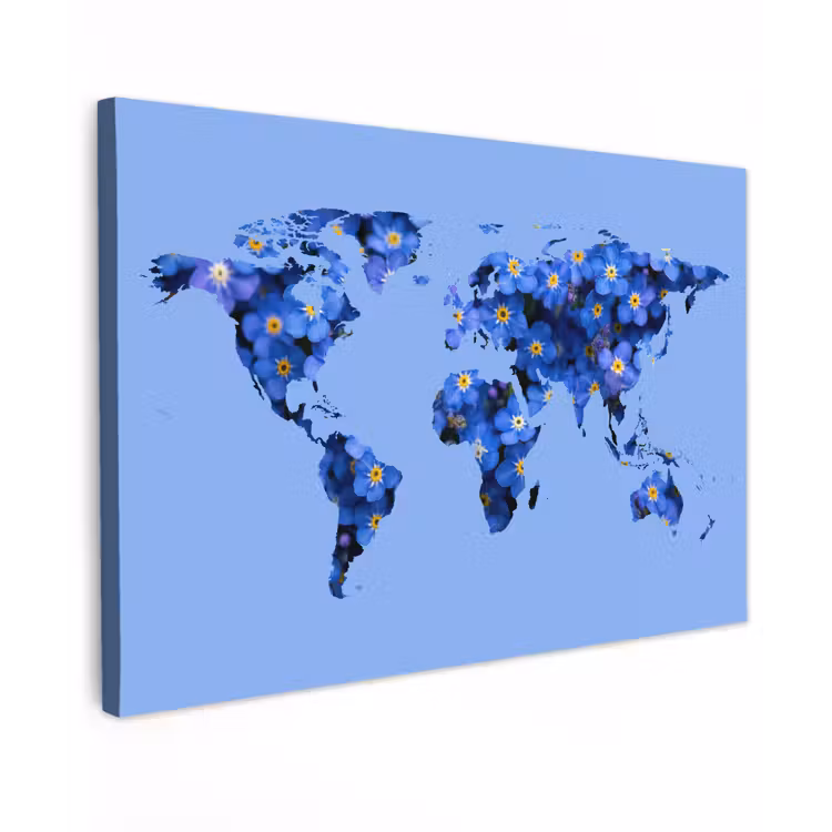 Wereldkaart - Blauw - Vergeet me nietjes canvas 2cm klein -z3d