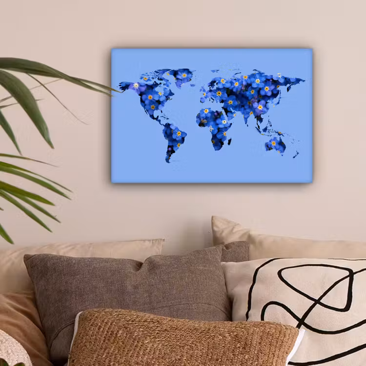 Wereldkaart - Blauw - Vergeet me nietjes canvas 2cm klein -sfeer1