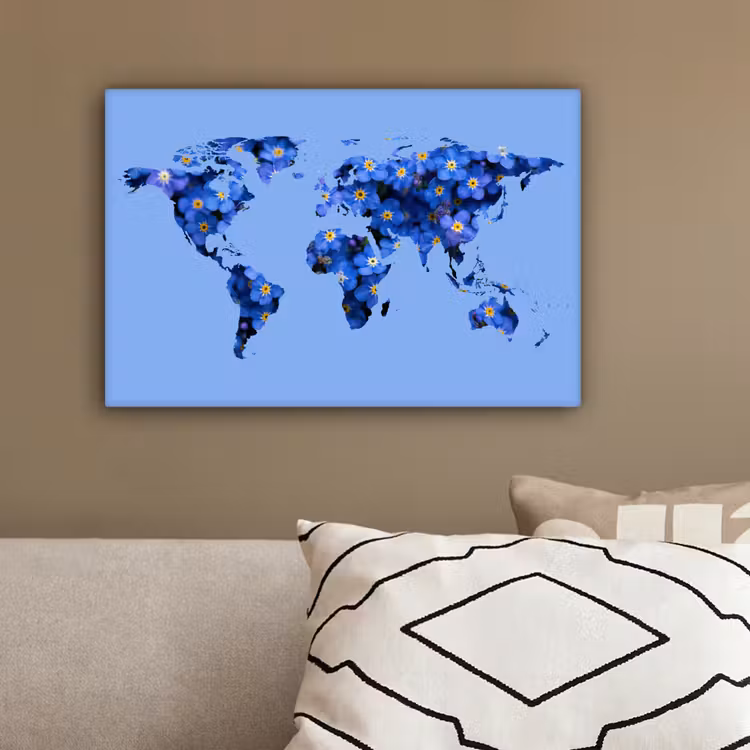 Wereldkaart - Blauw - Vergeet me nietjes canvas 2cm klein -sfeer3