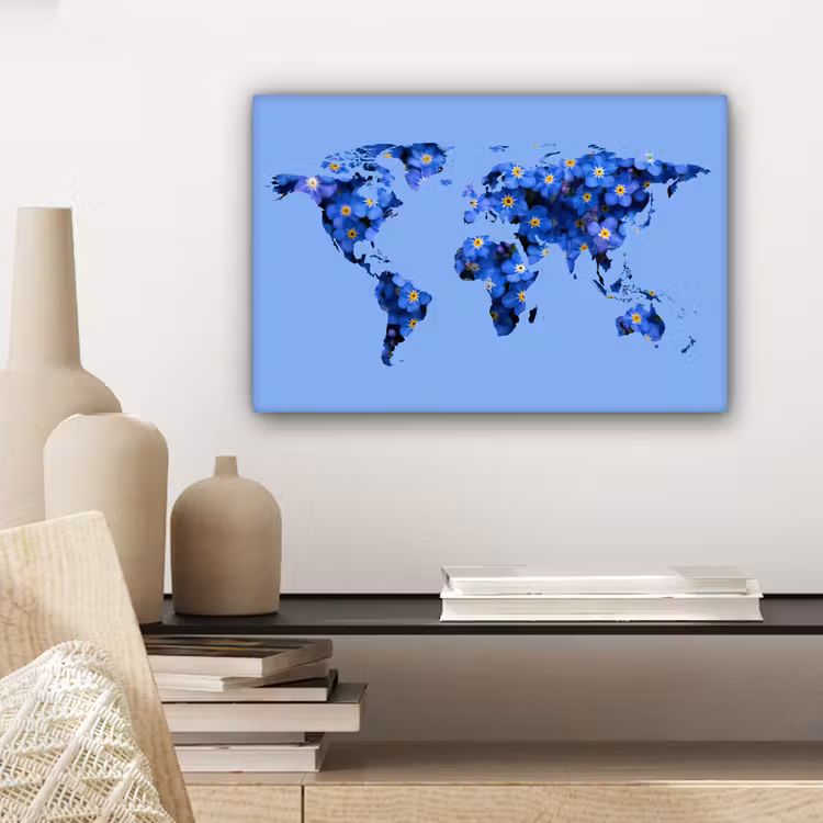 Wereldkaart - Blauw - Vergeet me nietjes canvas 2cm klein -sfeer6
