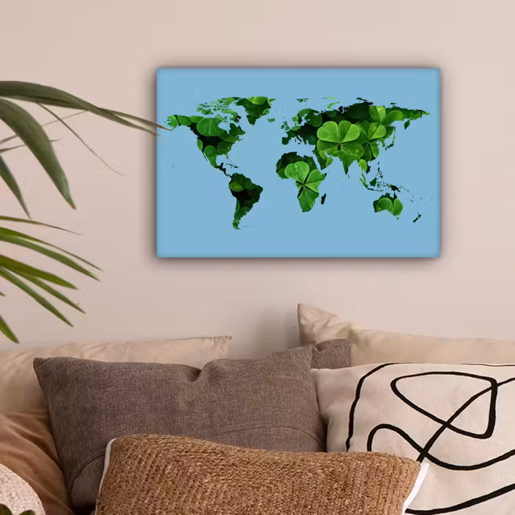 Wereldkaart - Blauw - Klavertje vier canvas 2cm klein -sfeer1