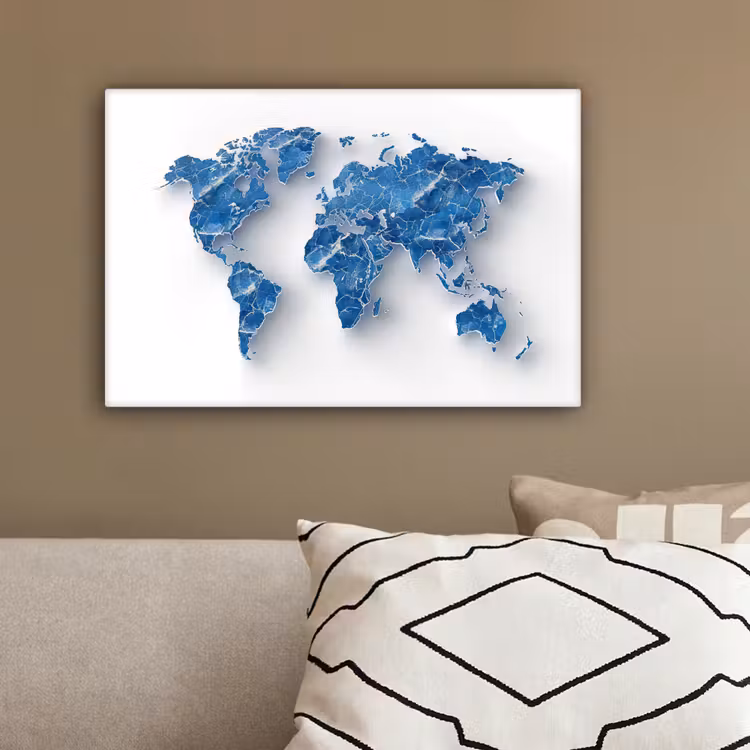 Wereldkaart - Blauwe stedenstructuur canvas 2cm klein -sfeer3
