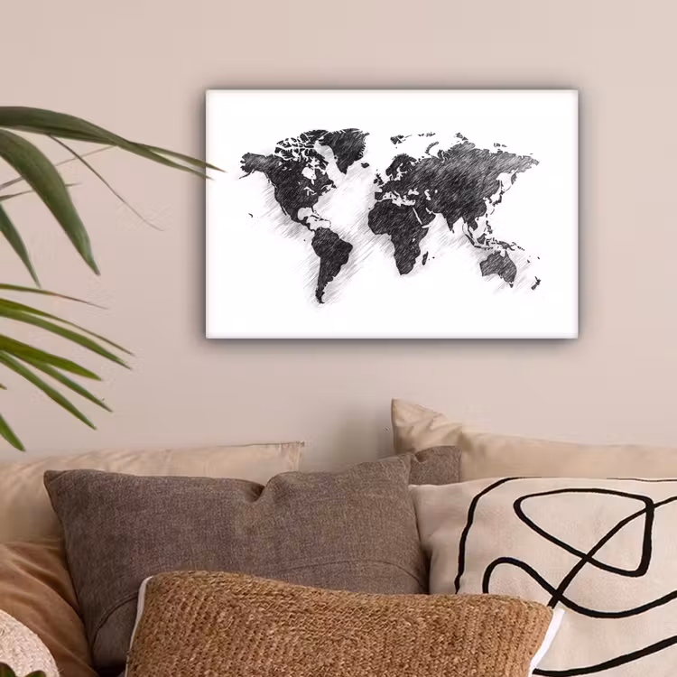 Wereldkaart - Potloodstrepen canvas 2cm klein -sfeer1