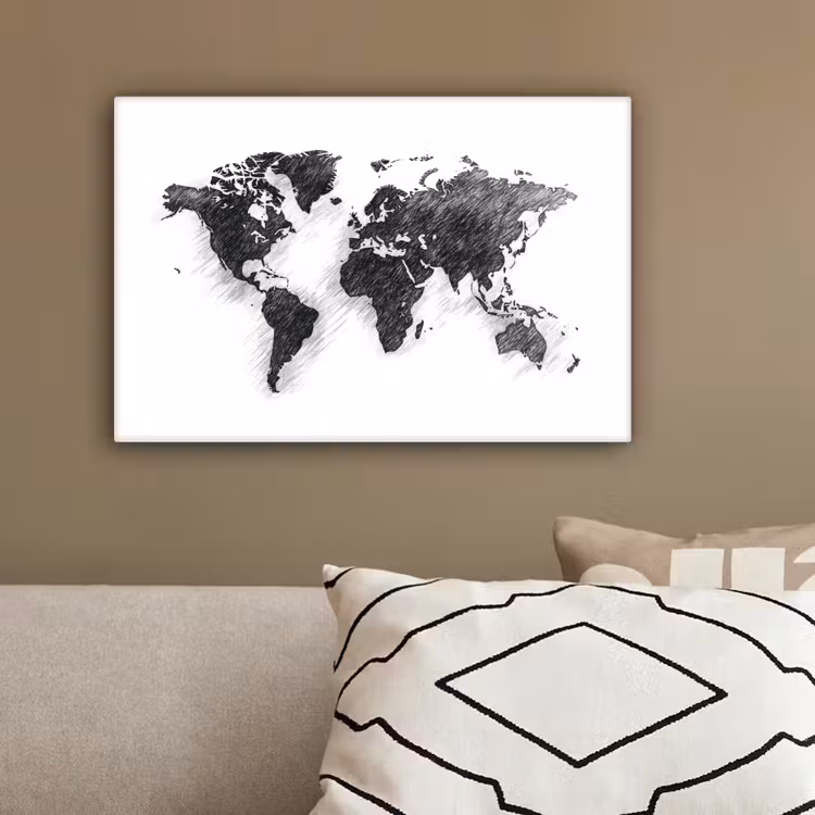 Wereldkaart - Potloodstrepen canvas 2cm klein -sfeer3