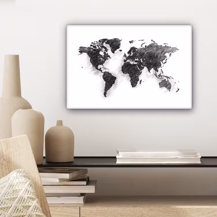 Wereldkaart - Potloodstrepen canvas 2cm klein -sfeer6
