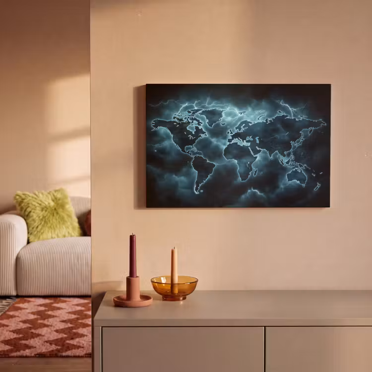 Wereldkaart - Bliksem - Blauw canvas 2cm klein -sfeer1