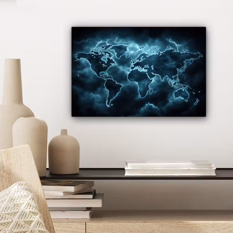 Wereldkaart - Bliksem - Blauw canvas 2cm klein -closeup_print_DE