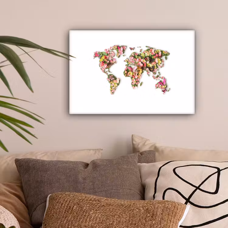 Wereldkaart - Bloemen - Felgekleurd canvas 2cm klein -sfeer1