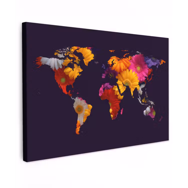 Wereldkaart - Bloemen - Paars canvas 2cm klein -z3d