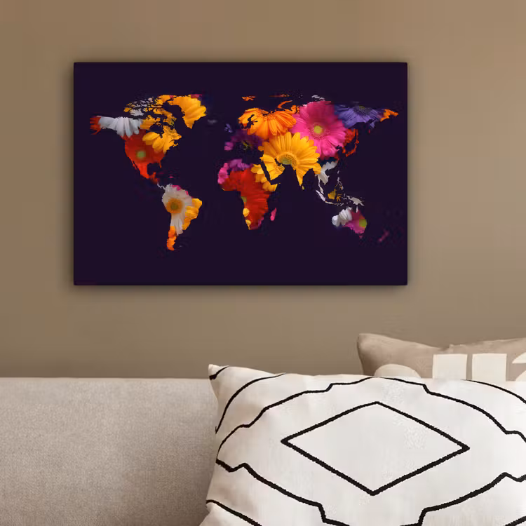 Wereldkaart - Bloemen - Paars canvas 2cm klein -sfeer3