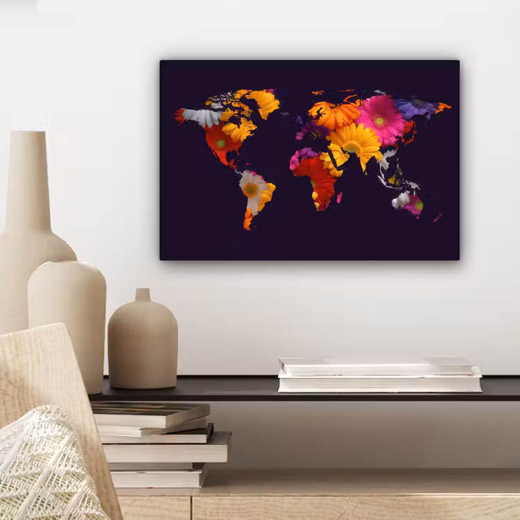 Wereldkaart - Bloemen - Paars canvas 2cm klein -sfeer6