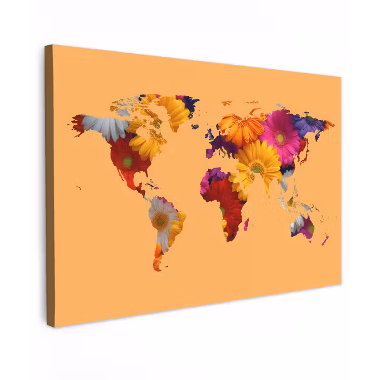 Wereldkaart - Bloemen - Oranje canvas 2cm klein -z3d