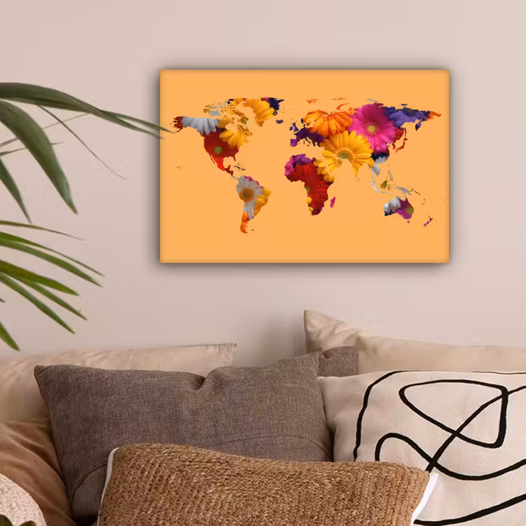 Wereldkaart - Bloemen - Oranje canvas 2cm klein -sfeer1