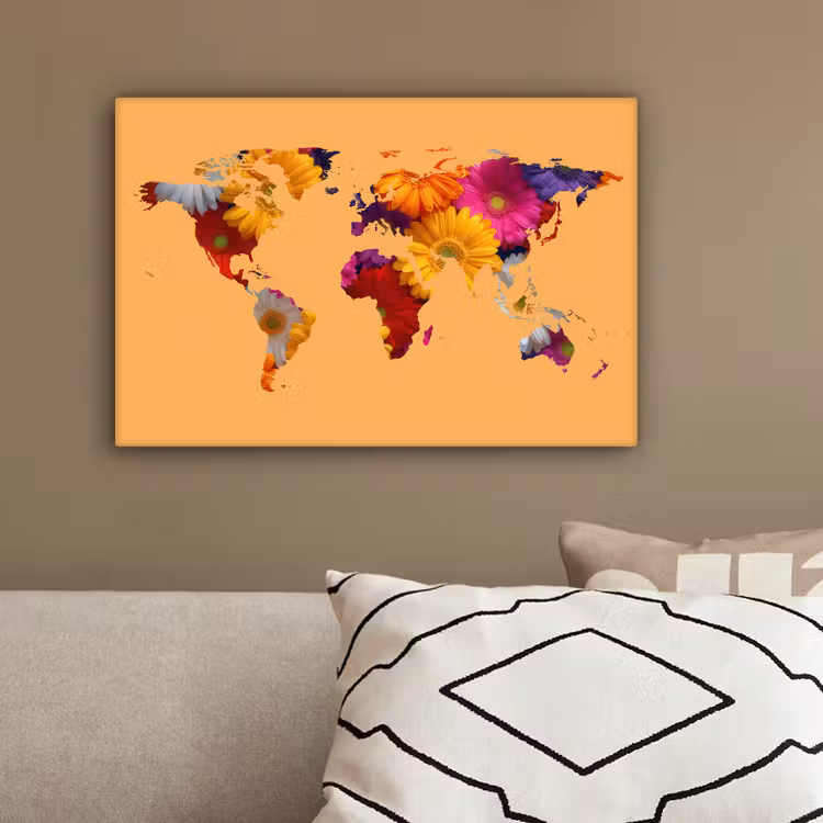 Wereldkaart - Bloemen - Oranje canvas 2cm klein -sfeer3