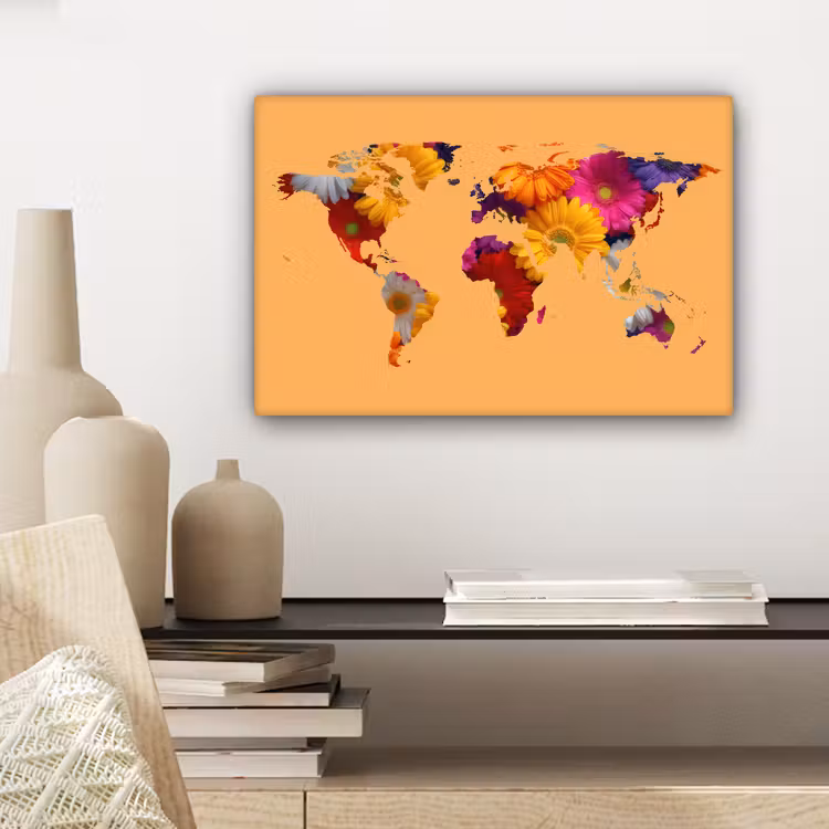 Wereldkaart - Bloemen - Oranje canvas 2cm klein -sfeer6