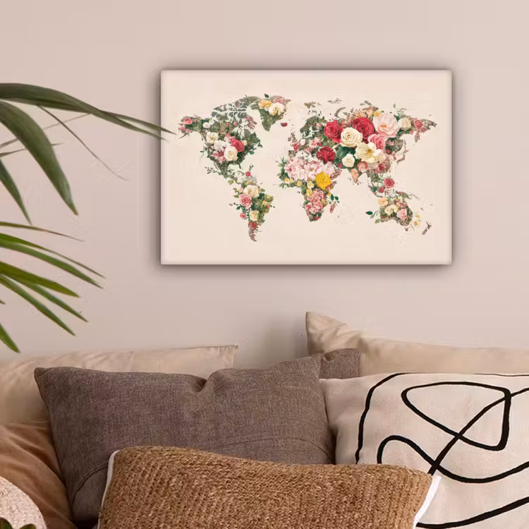 Wereldkaart - Bloemen - Roze canvas 2cm klein -sfeer1