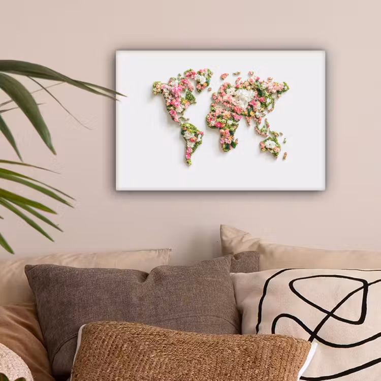 Wereldkaart - Bloemen - Subtiel canvas 2cm klein -sfeer1