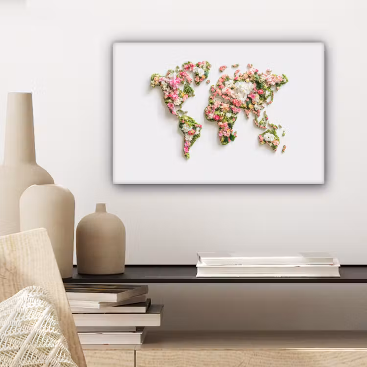 Wereldkaart - Bloemen - Subtiel canvas 2cm klein -sfeer6