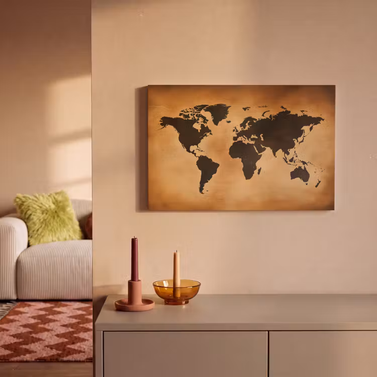 Wereldkaart - Bruin - Kaart canvas 2cm klein -sfeer1