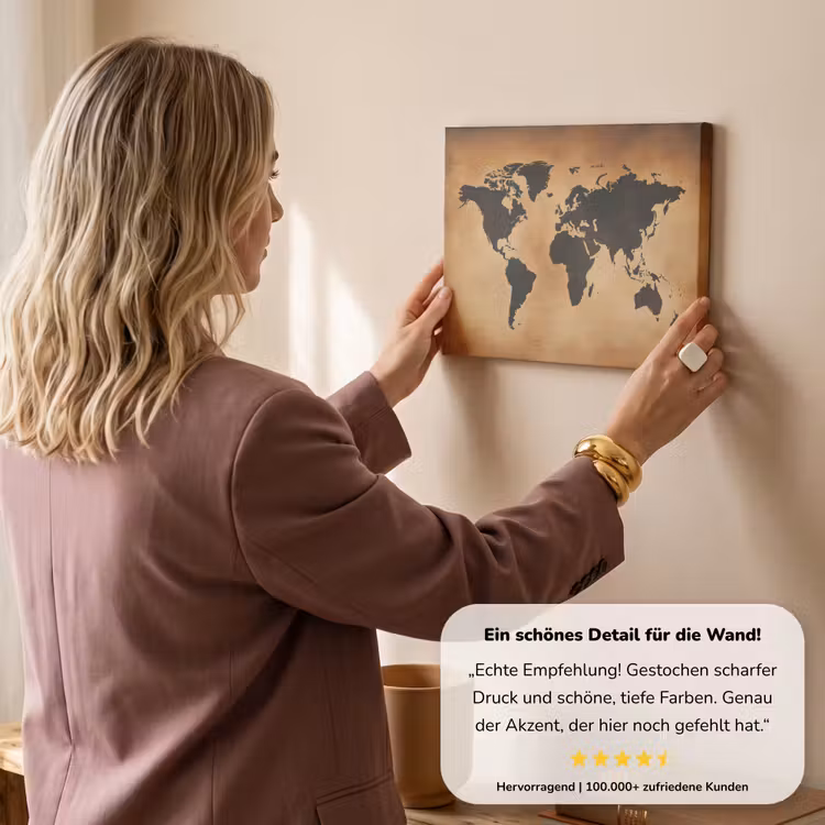 Wereldkaart - Bruin - Kaart canvas 2cm klein -sfeer3