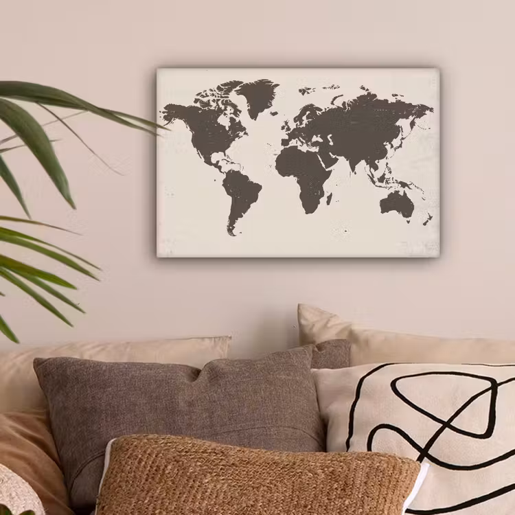 Wereldkaart - Stempelstijl - Ruw canvas 2cm klein -sfeer1