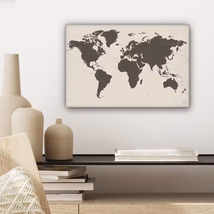 Wereldkaart - Stempelstijl - Ruw canvas 2cm klein -sfeer6