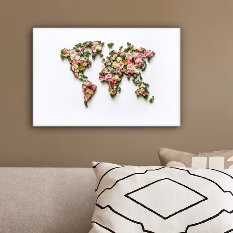 Wereldkaart - Kleurrijk - Bloemen - Lente canvas 2cm klein -sfeer3