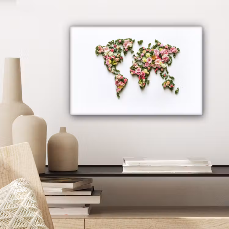 Wereldkaart - Kleurrijk - Bloemen - Lente canvas 2cm klein -sfeer6