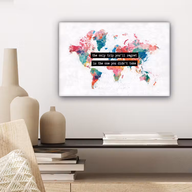 Wereldkaart - Kleurrijk - Tekst canvas 2cm klein -sfeer6