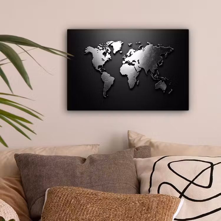 Wereldkaart - Chrome - Zilver - Zwart canvas 2cm klein -sfeer1