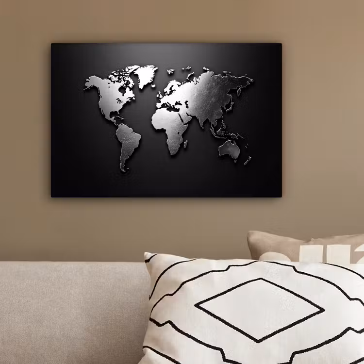 Wereldkaart - Chrome - Zilver - Zwart canvas 2cm klein -sfeer3