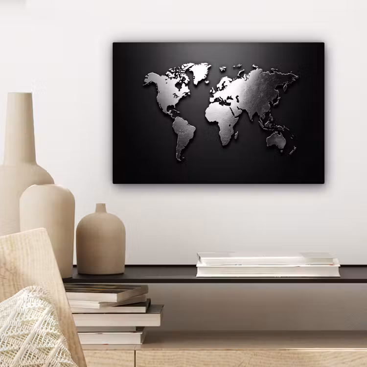 Wereldkaart - Chrome - Zilver - Zwart canvas 2cm klein -sfeer6