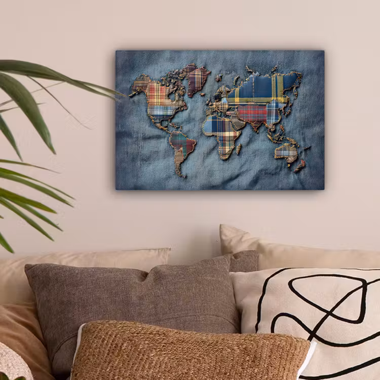 Wereldkaart - Denim - Textiel canvas 2cm klein -sfeer1