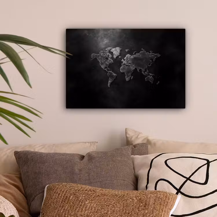 Wereldkaart - Duister - Zwart canvas 2cm klein -sfeer1