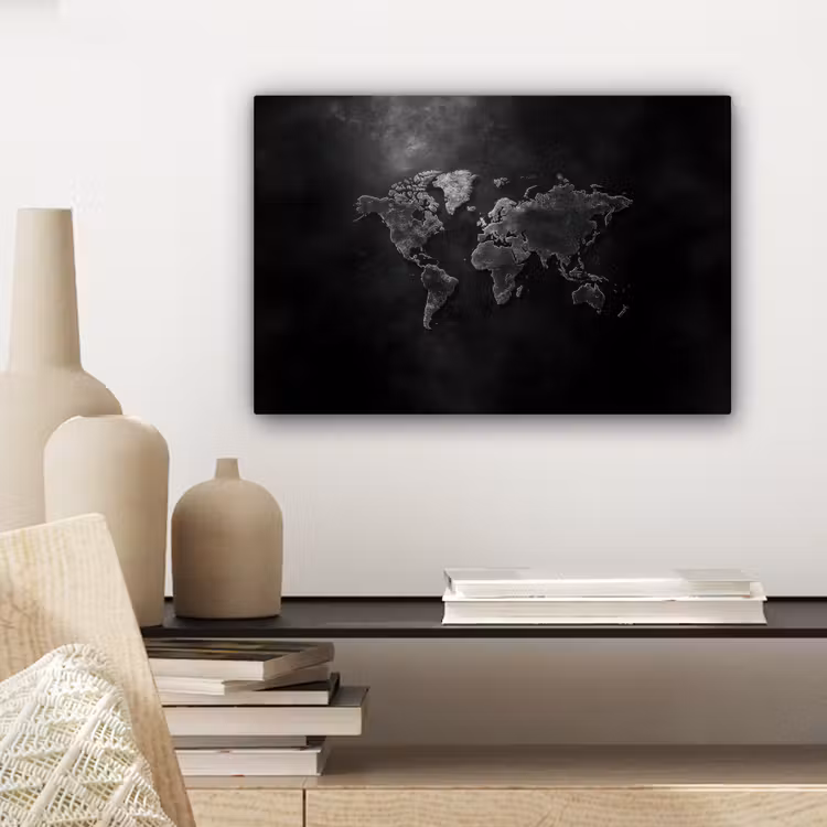 Wereldkaart - Duister - Zwart canvas 2cm klein -sfeer6