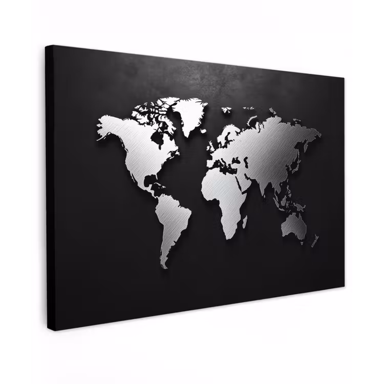 Wereldkaart - Donker - Zilver - Zwart canvas 2cm klein -z3d
