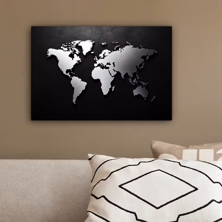 Wereldkaart - Donker - Zilver - Zwart canvas 2cm klein -sfeer3