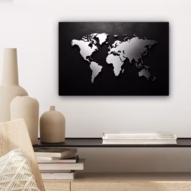 Wereldkaart - Donker - Zilver - Zwart canvas 2cm klein -sfeer6
