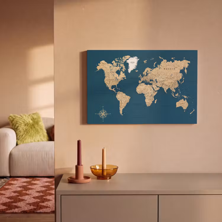 Wereldkaart - Donkerblauw - Beige canvas 2cm klein -sfeer1