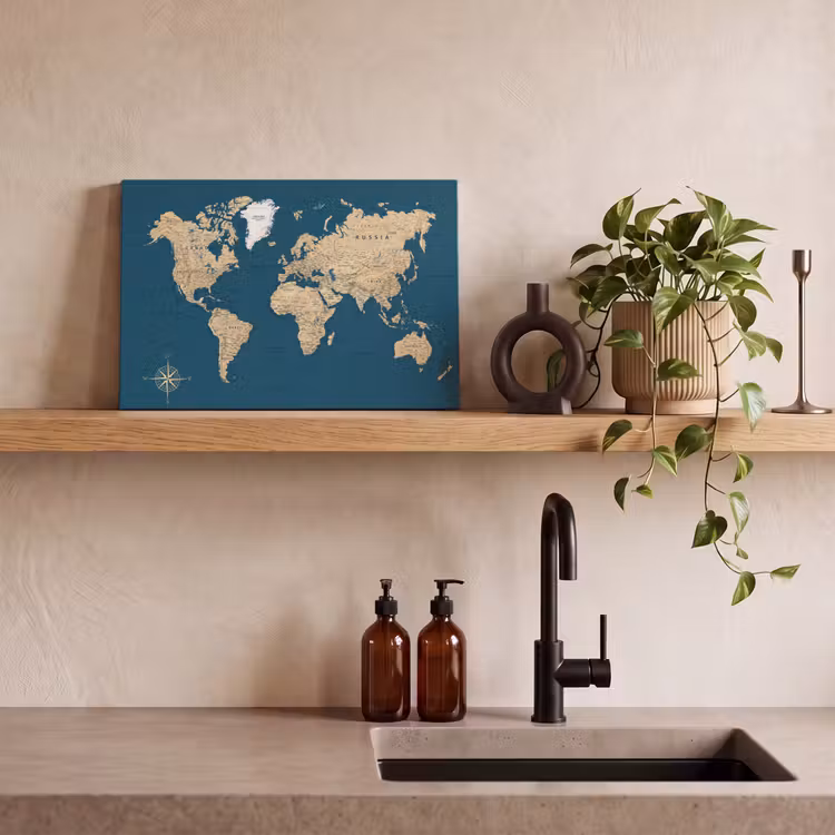 Wereldkaart - Donkerblauw - Beige canvas 2cm klein -sfeer6
