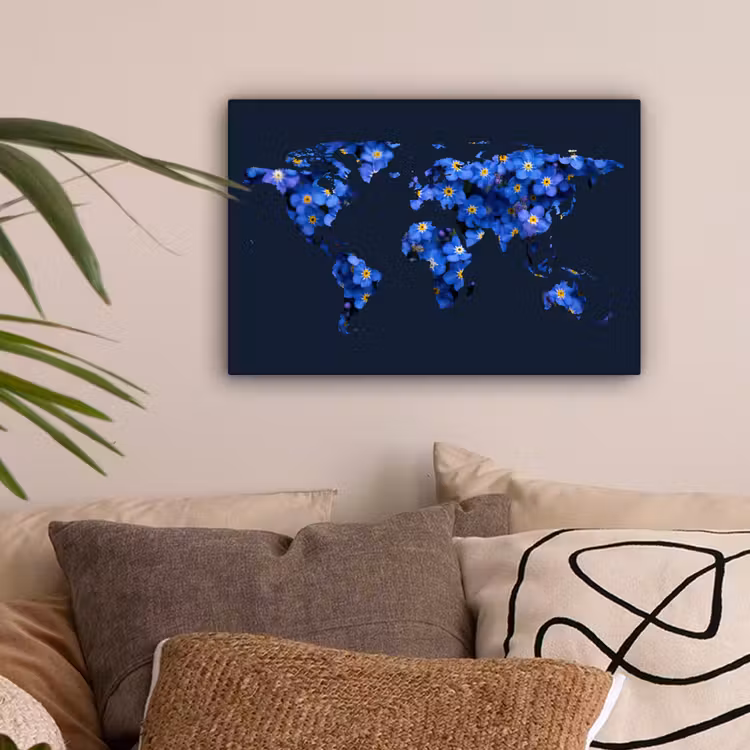 Wereldkaart - Donkerblauw - Vergeet me nietjes canvas 2cm klein -sfeer1