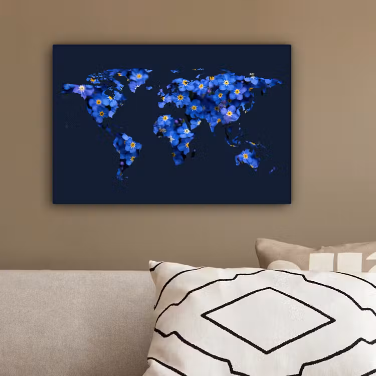 Wereldkaart - Donkerblauw - Vergeet me nietjes canvas 2cm klein -sfeer6