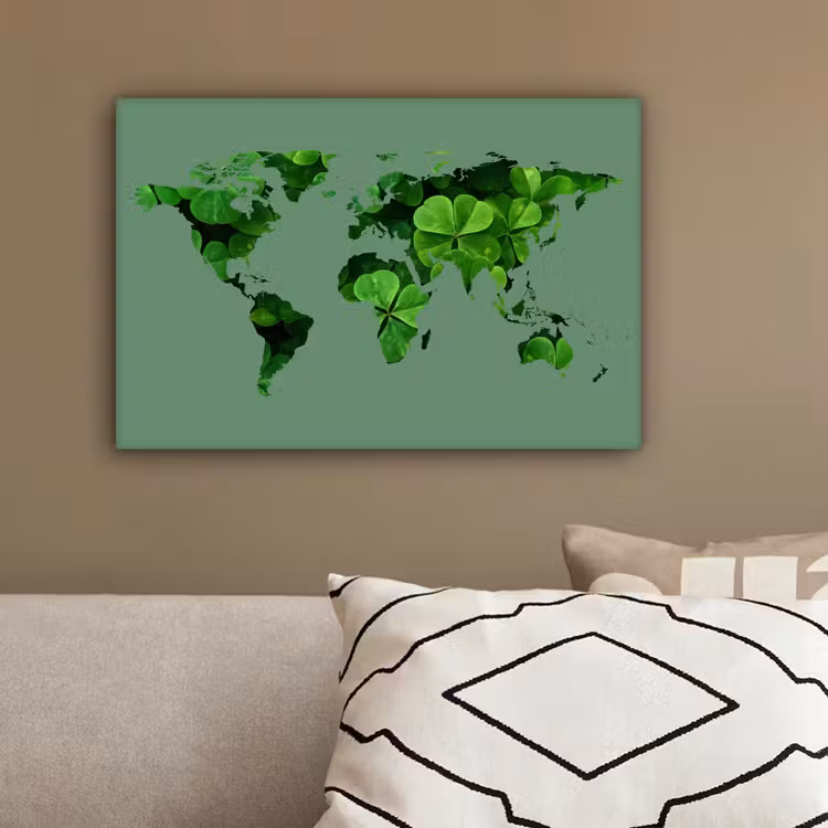 Wereldkaart - Donkergroen - Klavertje vier canvas 2cm klein -sfeer3